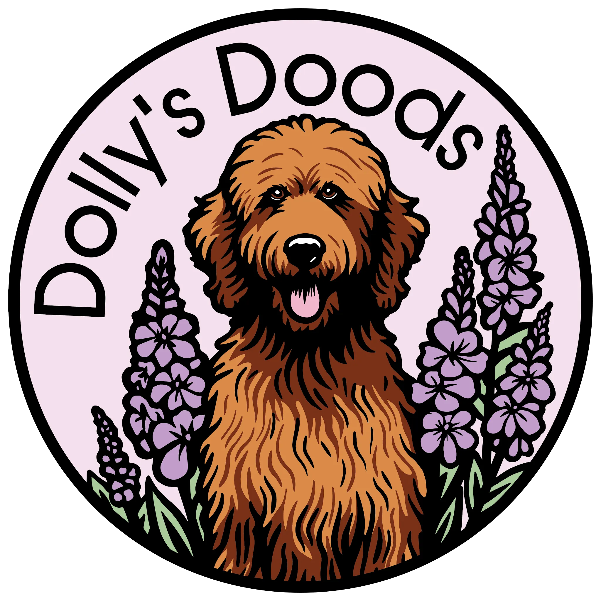 Dolly's Doods logo: a red goldendoodle among lavender lupines